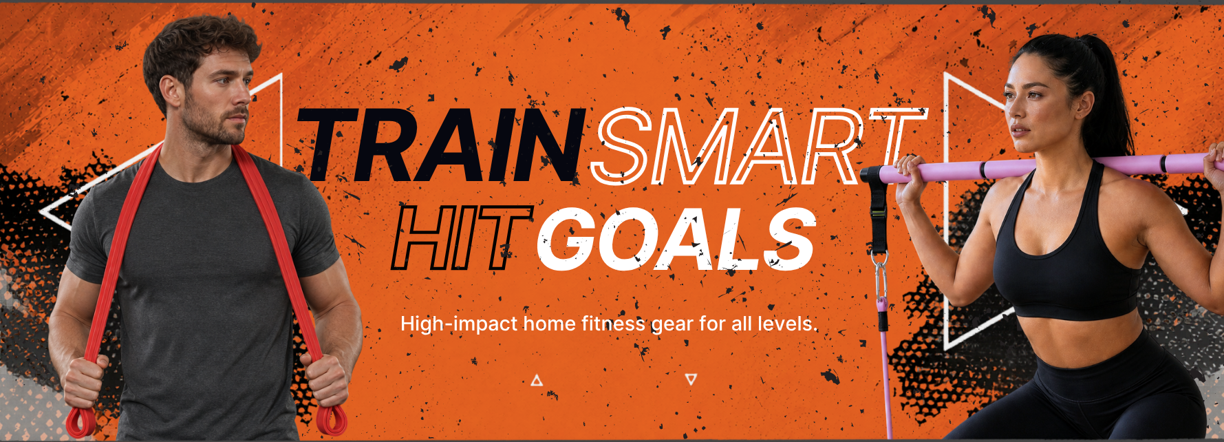 Two people with fitness equipment on an orange background with text 'Train Smart, Hit Goals'. STRYKEHAUS main image.